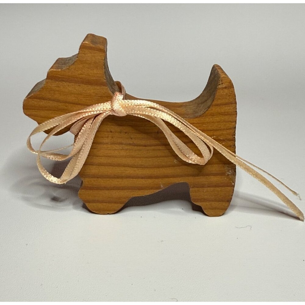 Wood Terrier Figurine with Pink Bow Vintage Carved Wood Scottish Terrier